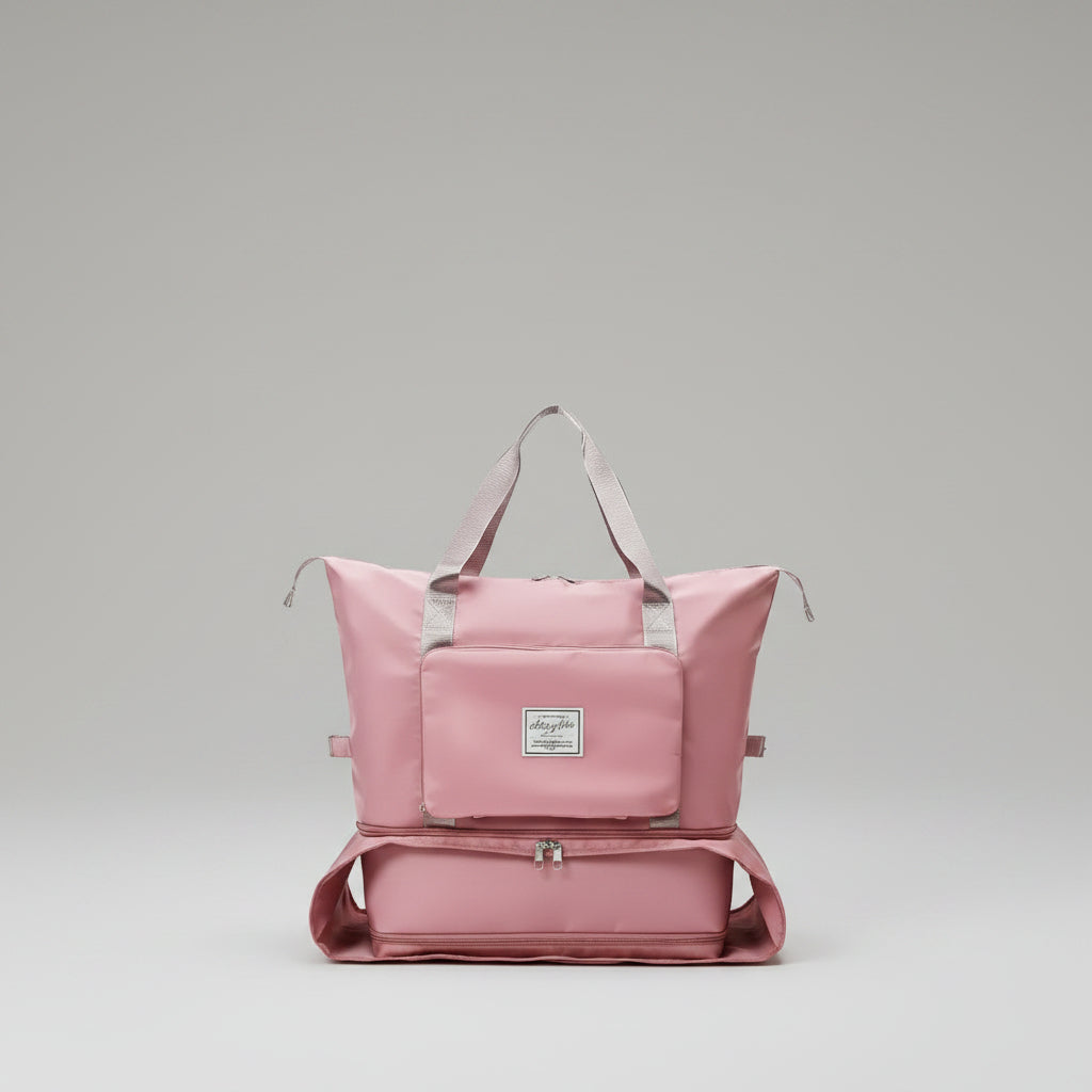 Pink travel bag with multiple views and color variations on a white background