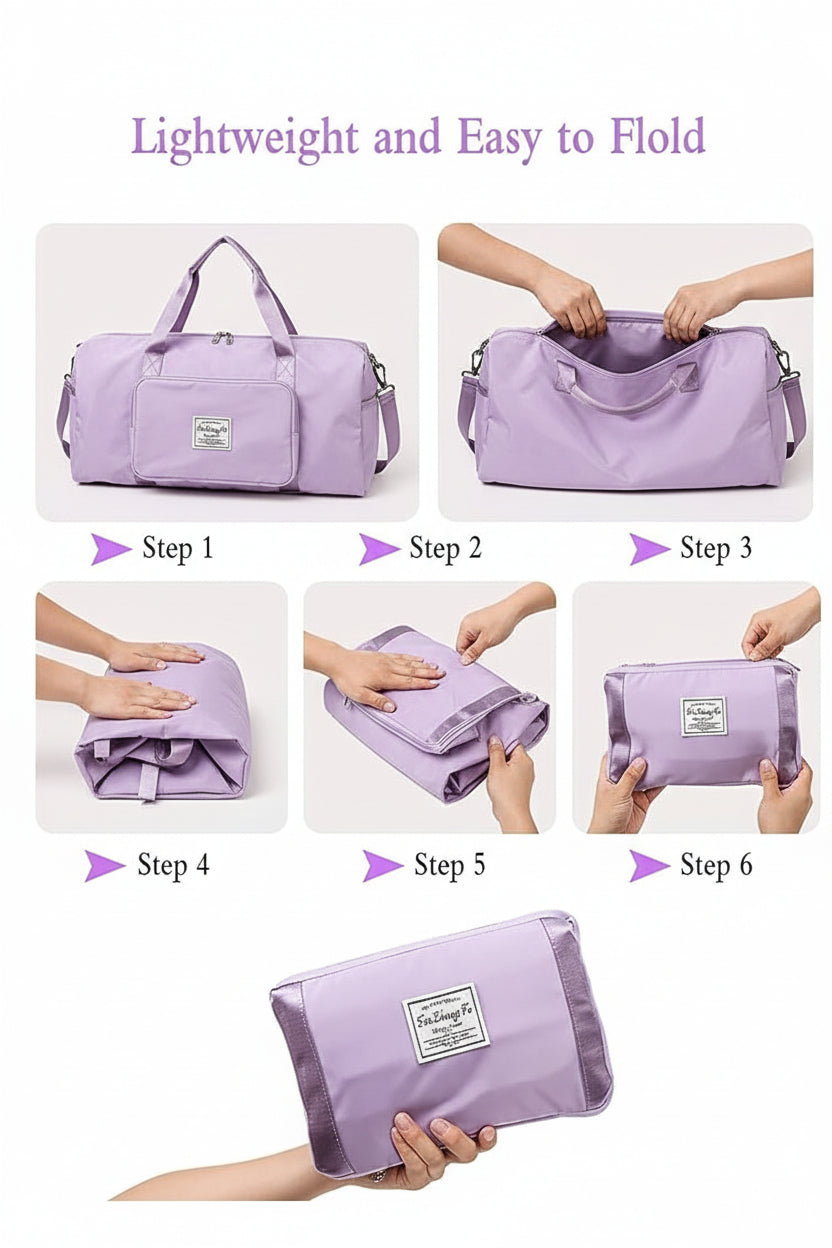 Step-by-step process of folding a purple bag, with text indicating it is lightweight and easy to fold.