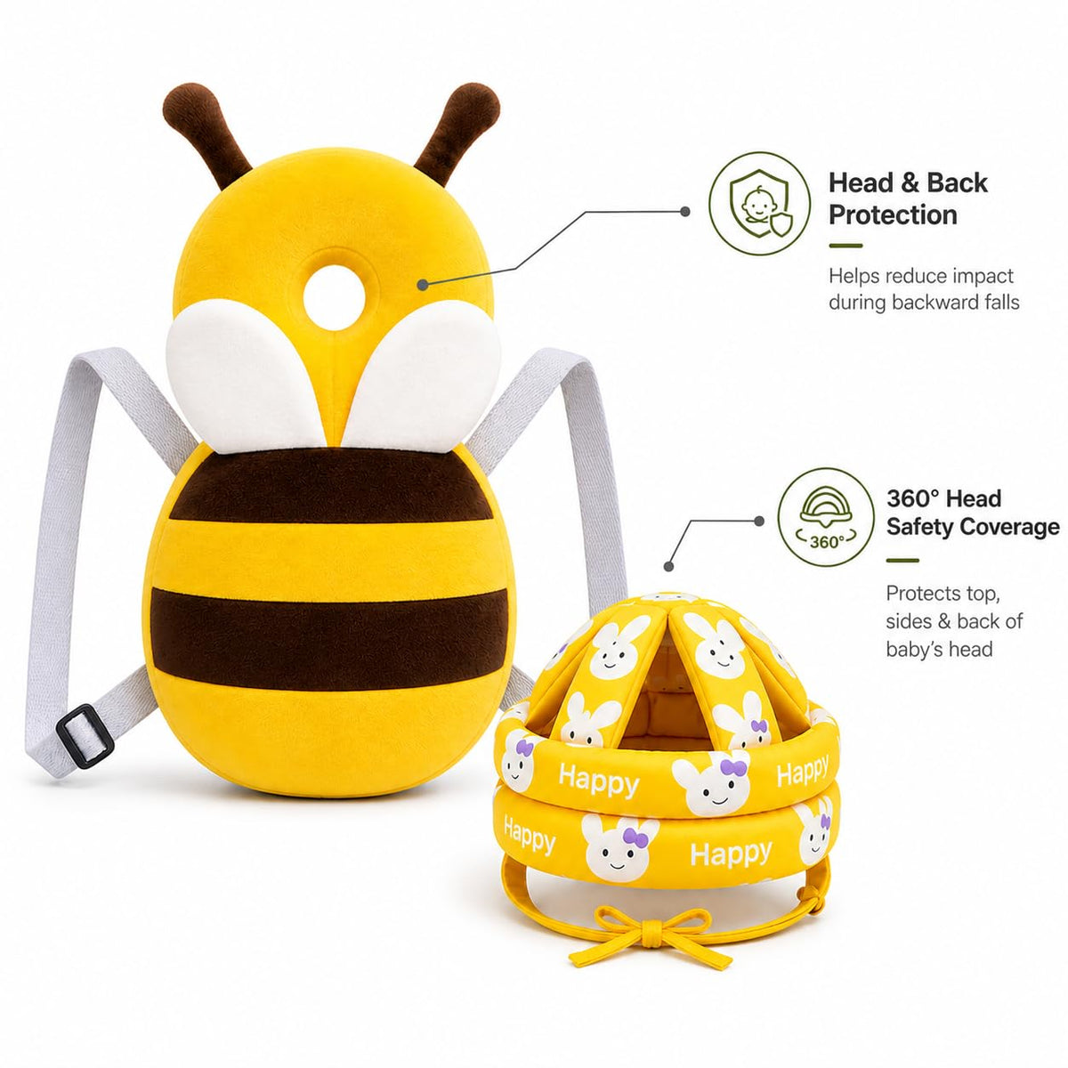 Baby Back Protector with Head Protective Hat Combo Set, Cute Honey Bee Shape Soft Cushioning, Adjustable Shoulder Belt, Head Protection Gear for 6-18 Month Toddler Kids