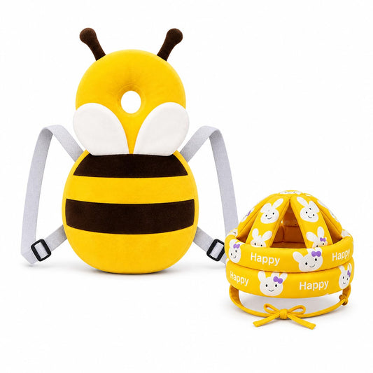Baby Back Protector with Head Protective Hat Combo Set, Cute Honey Bee Shape Soft Cushioning, Adjustable Shoulder Belt, Head Protection Gear for 6-18 Month Toddler Kids