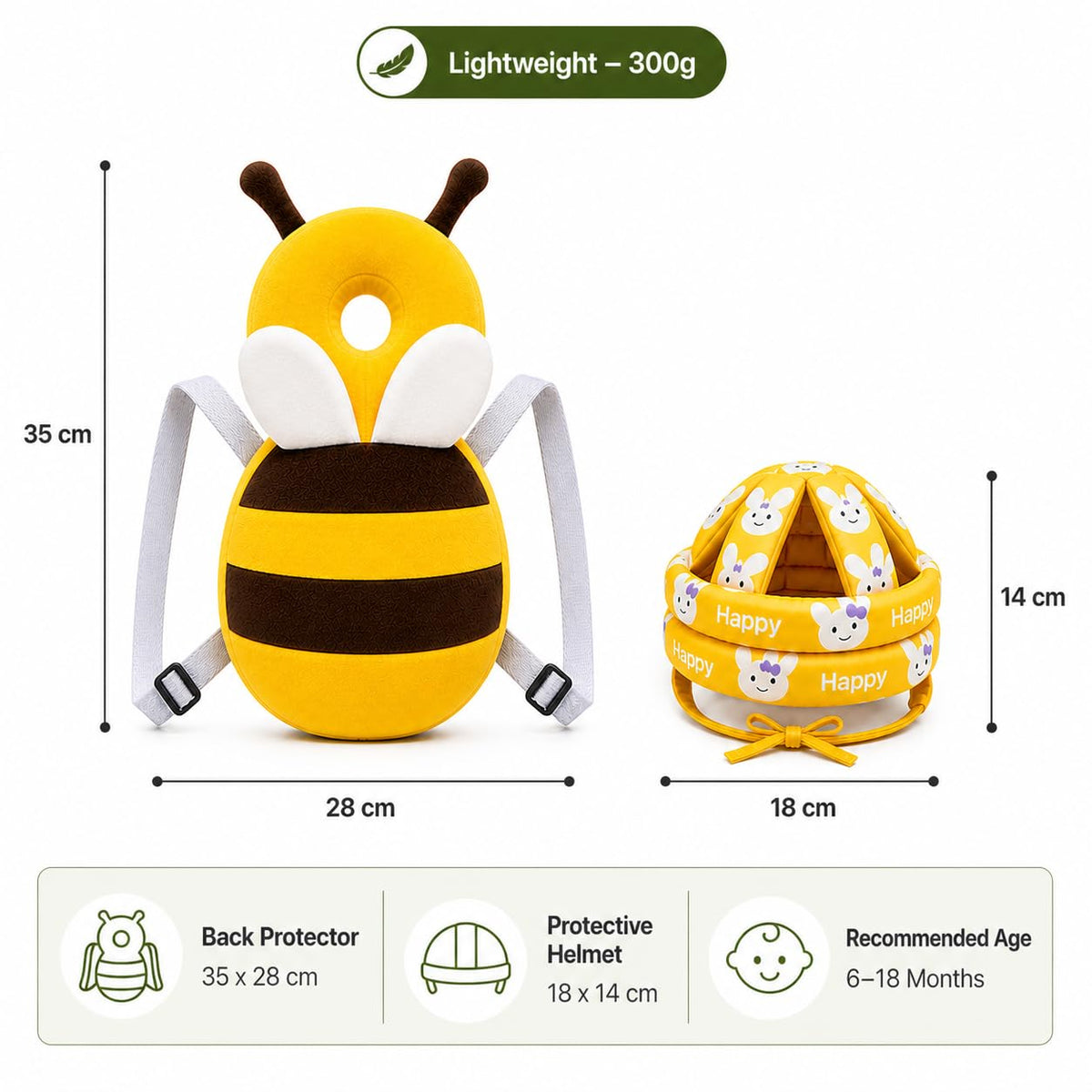 Baby Back Protector with Head Protective Hat Combo Set, Cute Honey Bee Shape Soft Cushioning, Adjustable Shoulder Belt, Head Protection Gear for 6-18 Month Toddler Kids