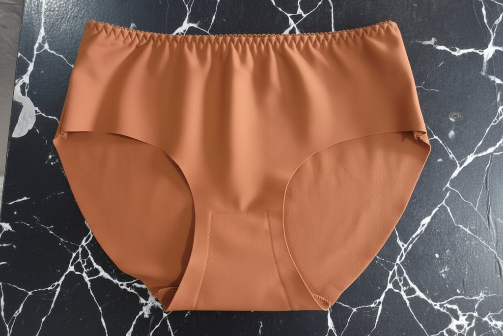 Brown swimsuit top on a black marble surface