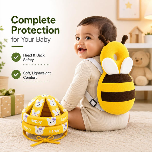 Baby Back Protector with Head Protective Hat Combo Set, Cute Honey Bee Shape Soft Cushioning, Adjustable Shoulder Belt, Head Protection Gear for 6-18 Month Toddler Kids