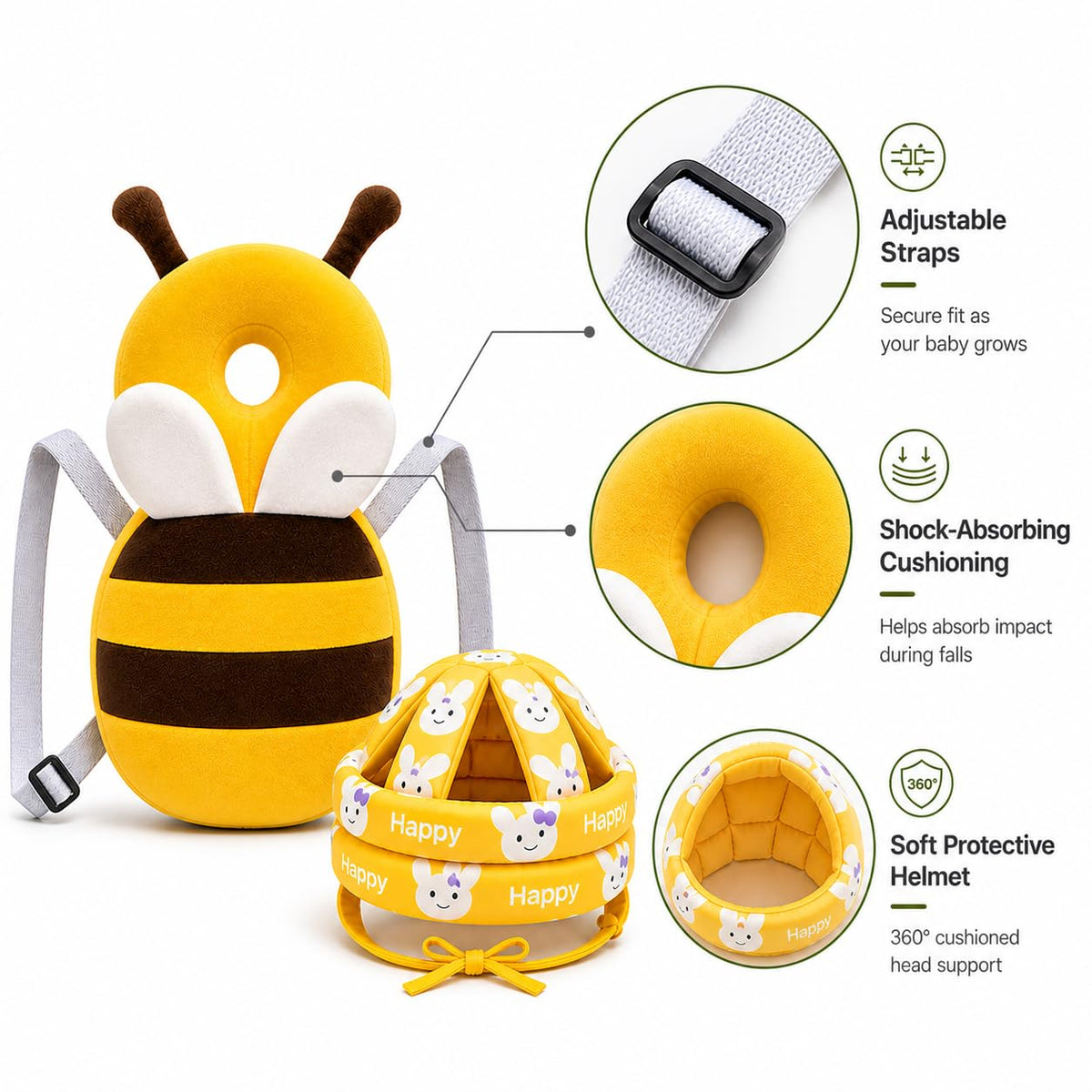 Baby Back Protector with Head Protective Hat Combo Set, Cute Honey Bee Shape Soft Cushioning, Adjustable Shoulder Belt, Head Protection Gear for 6-18 Month Toddler Kids