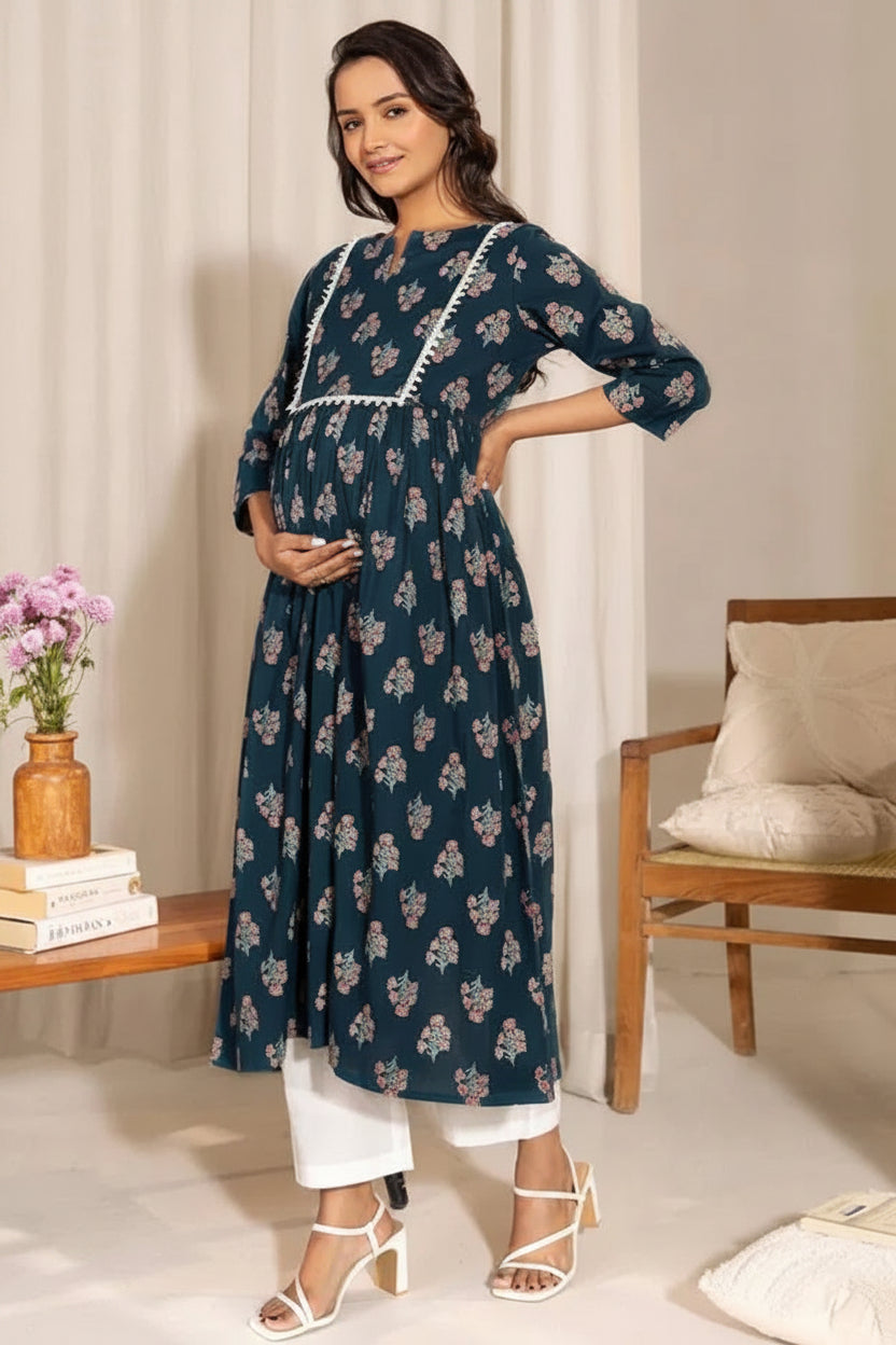 Floral Printed Notch Neck A-Line Maternity Kurta