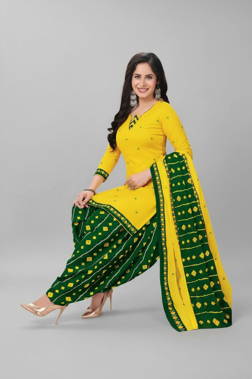 Woman wearing a yellow and green traditional outfit with a plain background