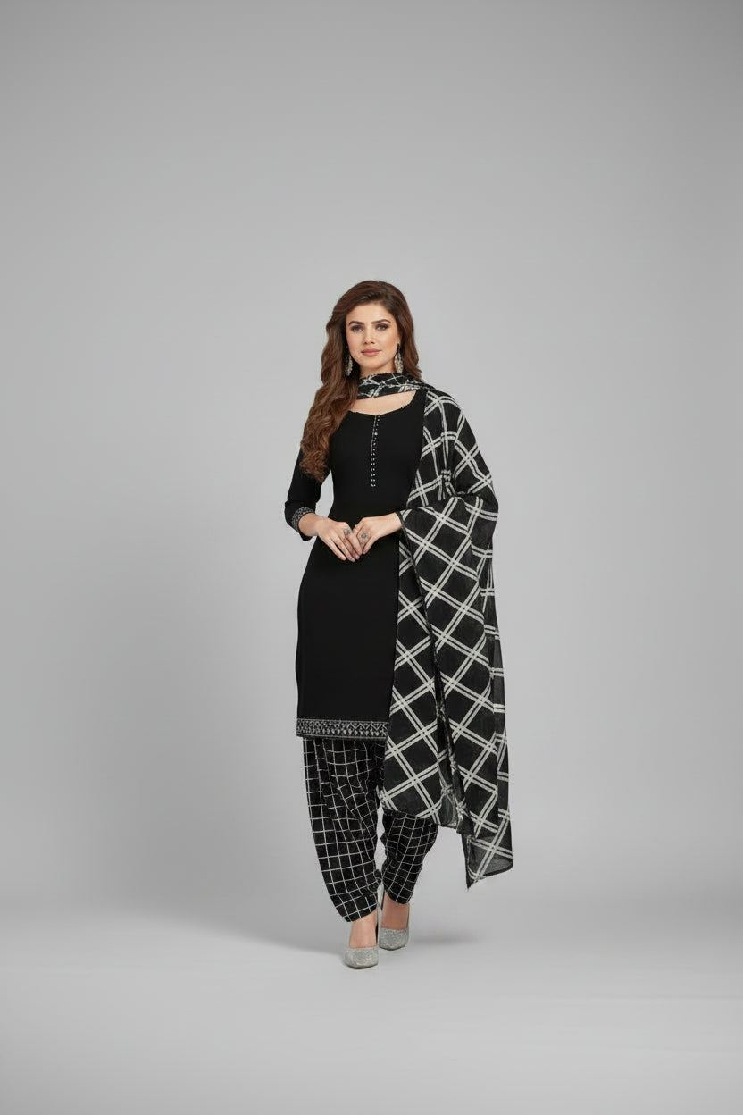 Crepe Printed Dress Material for Women & Girls (Black & White)
