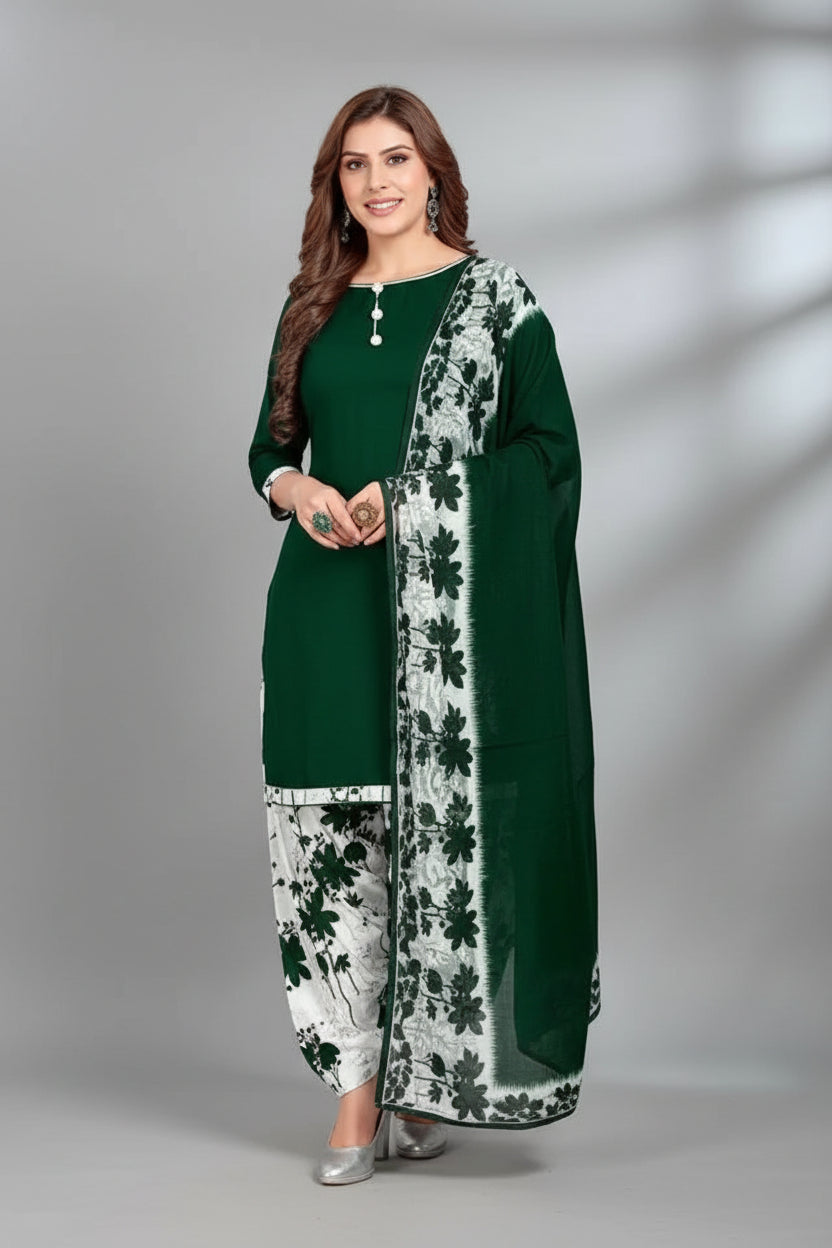 Crepe Printed Dress Material for Women & Girls (White & Green)