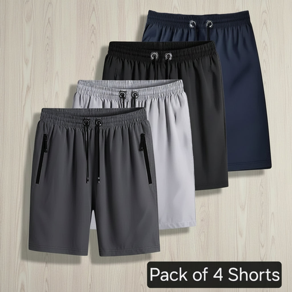 Pack of 4 shorts in gray, black, and navy on a white background