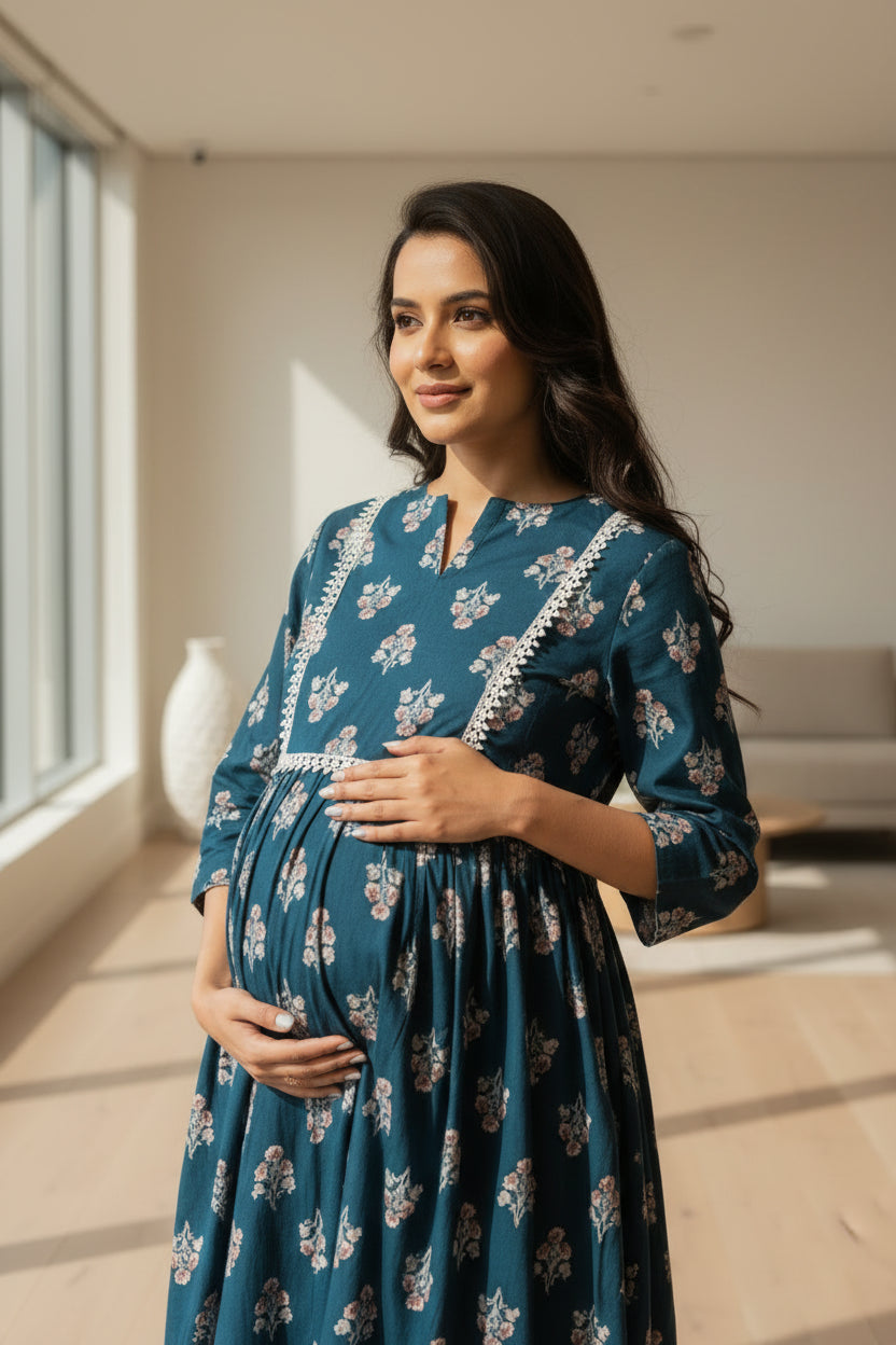Floral Printed Notch Neck A-Line Maternity Kurta