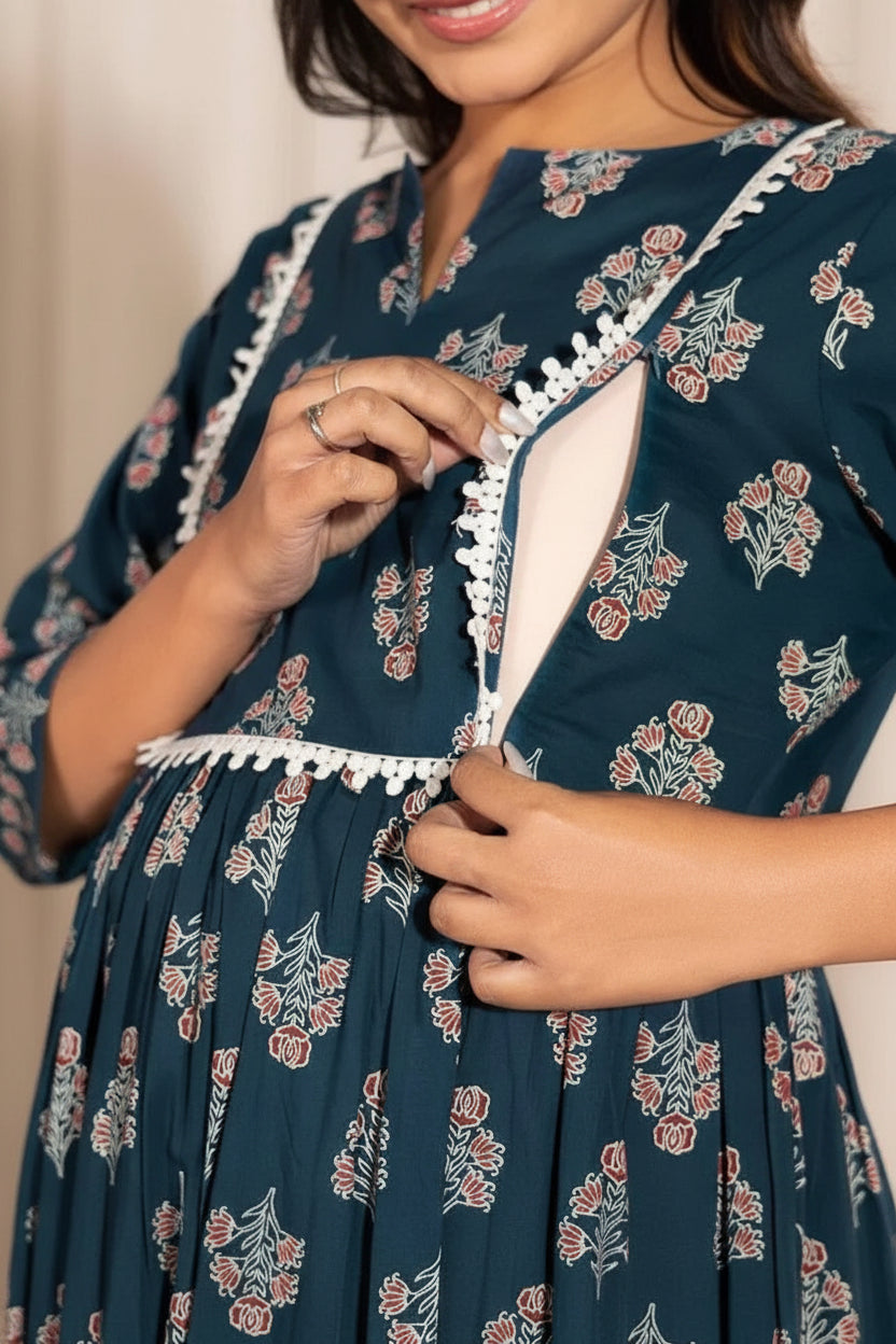 Floral Printed Notch Neck A-Line Maternity Kurta