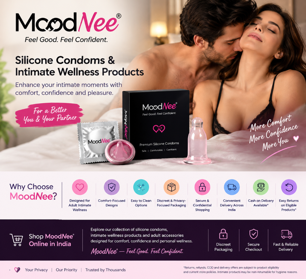 An advertisement banner for MoodNee Silicone Condoms and Intimate Wellness Products. The top half features a couple embracing while wearing clear silicone condoms, with the MoodNee product box and individual silver foil packets shown in the foreground.